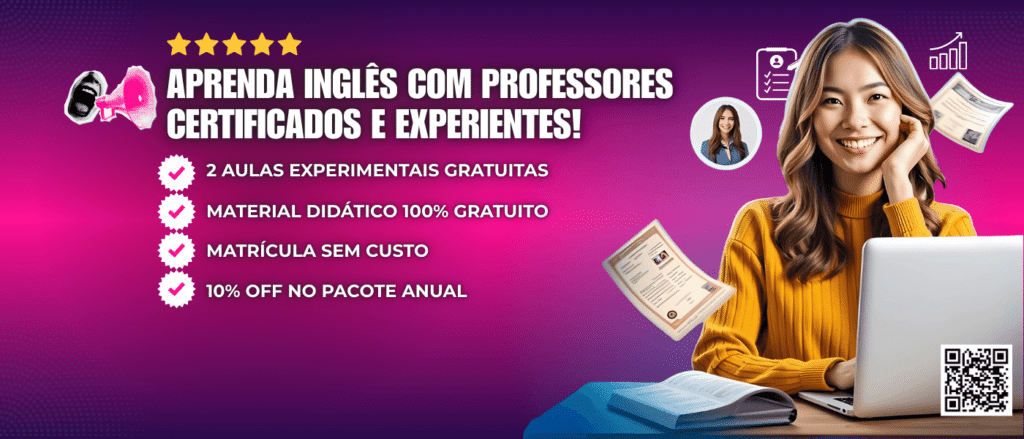 Banner da Fluent Way Idiomas com foco em cursos de inglês, Aprenda Inglês com Matrícula e Material Didático Gratuitos. Comece Agora!, Aprenda Inglês. Comece Agora!