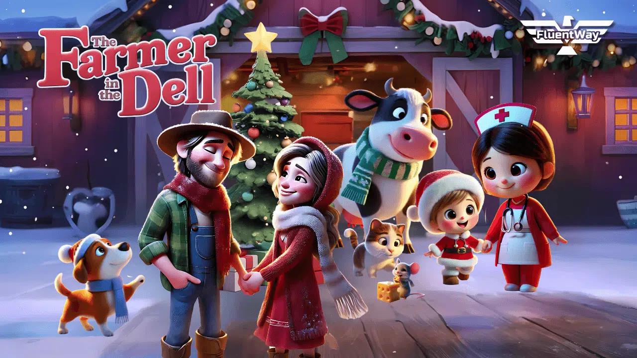 Imagem ilustrativa da música 'The Farmer in the Dell' com tema natalino, mostrando personagens animados como o fazendeiro, sua esposa, e um rato em um cenário festivo de Natal, promovendo aprendizado de inglês para crianças.
