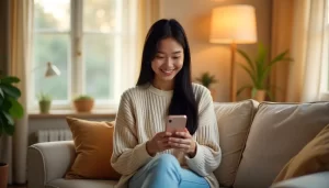 Jovem atualizando sua bio do Instagram com frases criativas, usando o celular em ambiente iluminado.