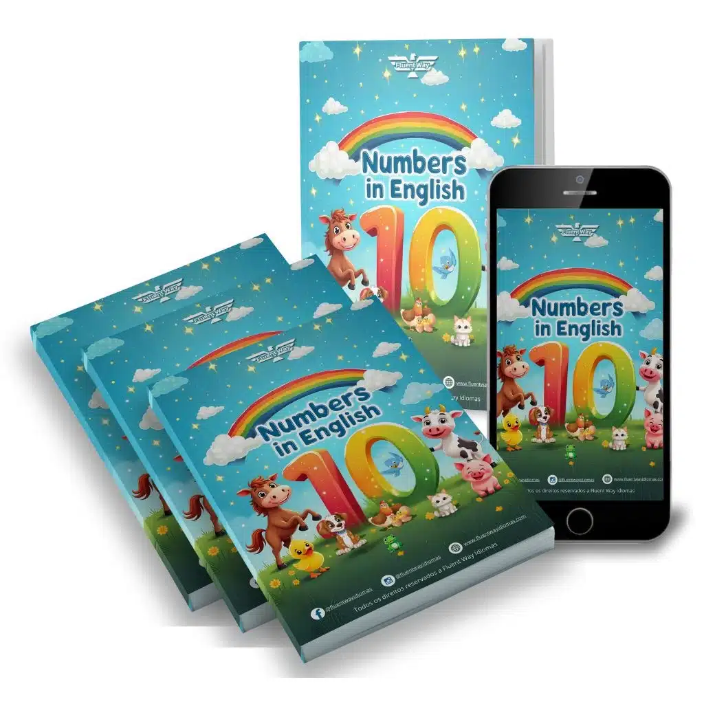 Children’s activity book cover featuring colorful cartoon numbers 1 to 10, surrounded by cute animals like a horse, cow, duck, pig, cat, bird, frog, chicken, and fish, with a bright blue sky, clouds, and playful decorations. Title reads "Numbers in English" in bold, colorful letters.