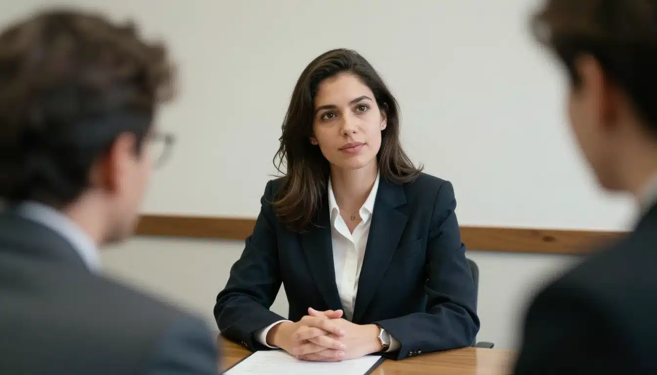 Jovem profissional em entrevista de emprego destacando inglês no currículo