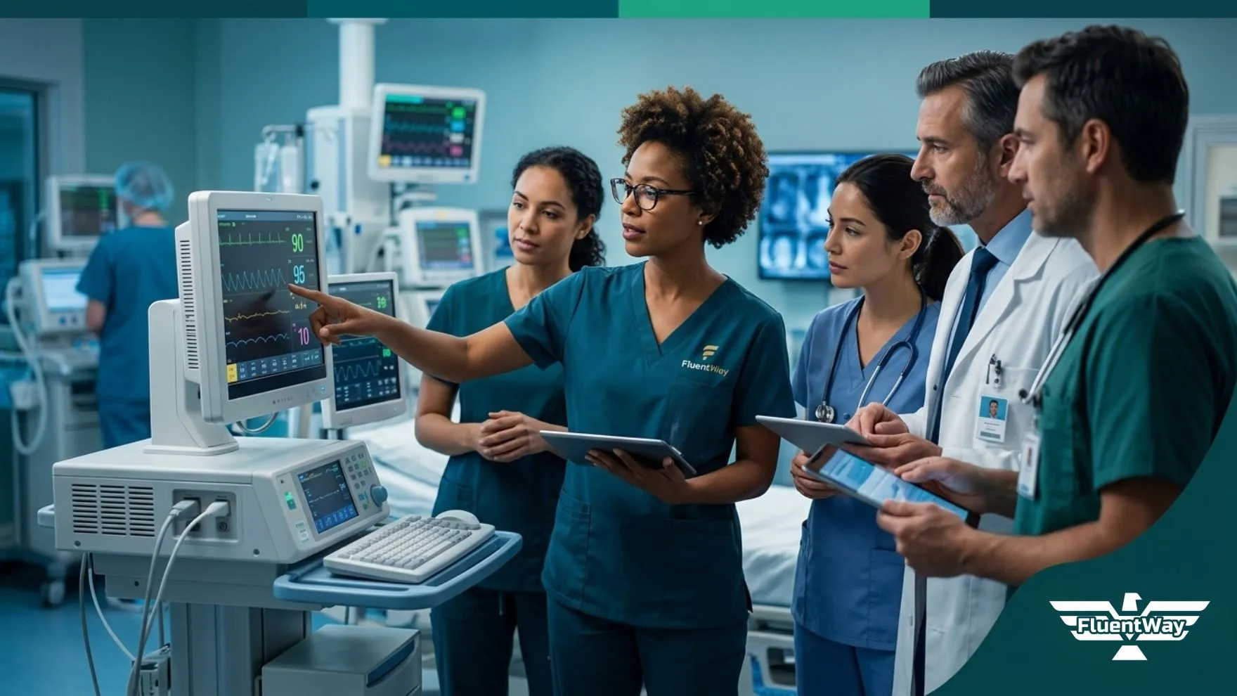 Profissionais da saúde em ambiente hospitalar moderno utilizando tablet e interagindo durante atendimento clínico