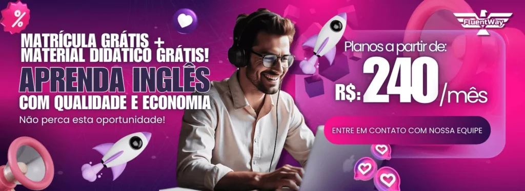 Banner de anúncio profissional da Fluent Way Idiomas com a mensagem 'MATRÍCULA GRÁTIS + MATERIAL DIDÁTICO GRÁTIS!'. A imagem apresenta uma instrutora qualificada (criada com IA) em um blazer vermelho, acompanhada de hologramas técnicos de checklists de fluência e estruturas gramaticais rítmicas. À esquerda, ícones confirmam os benefícios técnicos: 'Aprenda no seu ritmo com materiais exclusivos e professores qualificados. Saiba mais sobre nossos planos!'. O logo da Fluent Way está no canto superior esquerdo. Um botão 'CONQUISTE FLUÊNCIA AGORA!' incentivam a conversão. Não há faixas de contagem de palavras inferiores e a marca d'água da Fluent Way foi removida conforme as regras da escola.