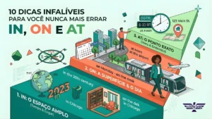 Banner educativo da FluentWay Idiomas apresentando um infográfico tridimensional sobre as preposições IN, ON e AT. A imagem utiliza um esquema de cores dividido em três níveis lógicos: a base azul representa o IN (tempo e lugar amplo), a camada laranja representa o ON (superfície e dias) e o topo verde representa o AT (ponto exato e horas). O título principal é "10 Dicas Infalíveis para você nunca mais errar IN, ON e AT". Inclui ilustrações de um globo, um calendário, um relógio e uma profissional caminhando, simbolizando o aprendizado prático.
