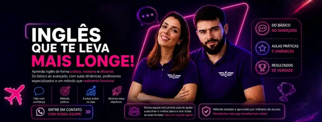 Banner institucional profissional da escola FluentWay Idiomas em tons de roxo escuro e neon rosa. No centro, um homem e uma mulher sorriem vestindo camisas polo roxas com o logotipo da escola. À esquerda, o texto em destaque diz "INGLÊS QUE TE LEVA MAIS LONGE!" seguido por uma descrição sobre o método prático, moderno e eficiente com professores especializados. Ícones na parte inferior destacam os pilares: Fale com confiança, Método prático, Evolua todos os dias e Alcance seus objetivos. À direita, três boxes detalham: Do básico ao avançado, Aulas práticas e dinâmicas, e Resultados de verdade. O logotipo da FluentWay com uma águia está no canto superior esquerdo.