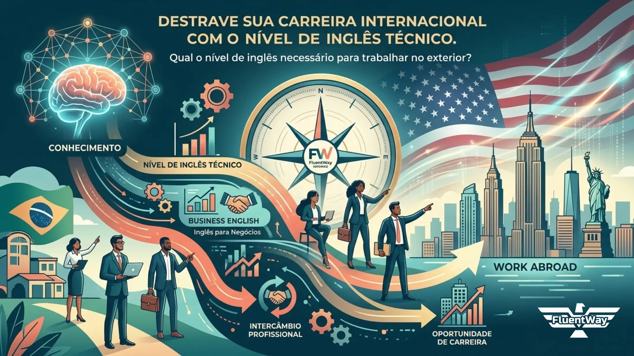 Um banner minimalista e profissional para um blog post da Fluent Way Idiomas. O design apresenta um 'Cognito Map' sofisticado onde fluxos de conhecimento em tons de teal, azul e coral se conectam a ícones conceituais de um cérebro, nível técnico, negócios, escuta e fala, guiando diversos profissionais rumo a um horizonte urbano de NYC com a bandeira dos EUA. Não há pessoas realistas. No topo, a frase gancho em português diz: "DESTRAVE SUA CARREIRA INTERNACIONAL COM O NÍVEL DE INGLÊS TÉCNICO." O logo da FluentWay com o ícone FW está no canto inferior.