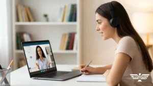 Uma fotografia profissional banner limpa da Fluent Way Idiomas. Uma aluna focada, com fones de ouvido, sentada em uma escrivaninha organizada, interage em tempo real com uma professora fluente em uma tela de notebook. A tela exibe uma professora explicando com clareza e uma interface conceitual de aprendizado rítmico. Não há texto sobreposto ou títulos. A iluminação é encorajadora e otimista. O fundo é um ambiente de estudo limpo e sofisticado.