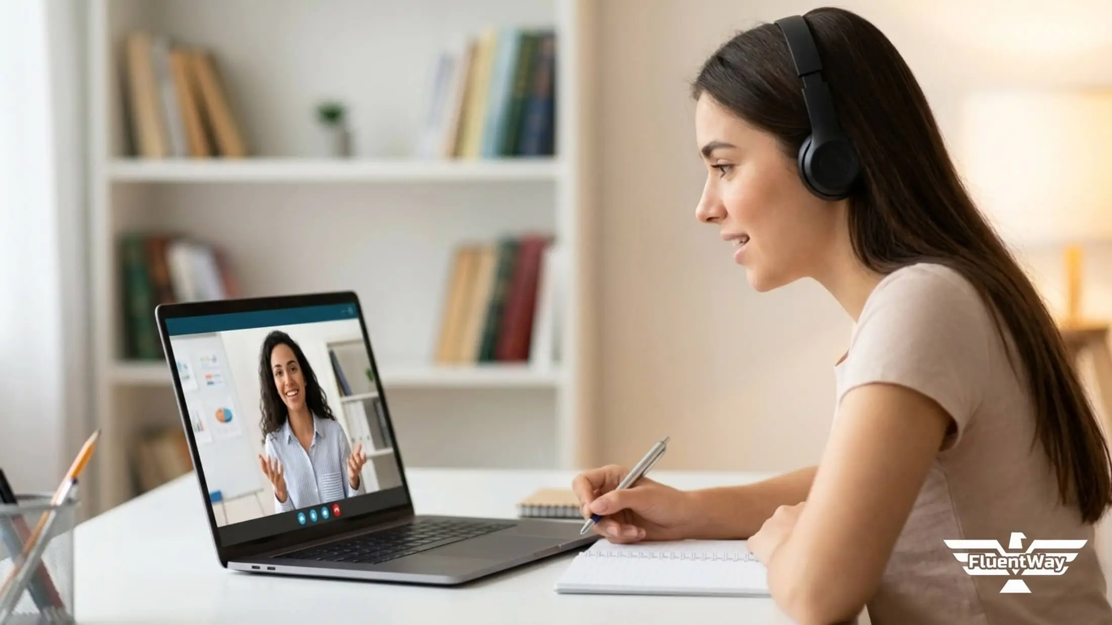 Uma fotografia profissional banner limpa da Fluent Way Idiomas. Uma aluna focada, com fones de ouvido, sentada em uma escrivaninha organizada, interage em tempo real com uma professora fluente em uma tela de notebook. A tela exibe uma professora explicando com clareza e uma interface conceitual de aprendizado rítmico. Não há texto sobreposto ou títulos. A iluminação é encorajadora e otimista. O fundo é um ambiente de estudo limpo e sofisticado.