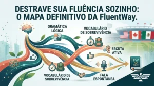 Um banner minimalista e profissional para um blog post da Fluent Way Idiomas. O design apresenta um 'Cognito Map' sofisticado onde fluxos de conhecimento em tons de teal, azul e coral se conectam a ícones conceituais de um cérebro, gramática, vocabulário, escuta e fala. Não há pessoas realistas. No topo, a frase gancho em português diz: "DESTRAVE SUA FLUÊNCIA SOZINHO: O MAPA DEFINITIVO DA FluentWay Idiomas." O logo da FluentWay com o ícone FW está no canto inferior. O fundo é um ambiente acadêmico limpo com um estádio desfocado.