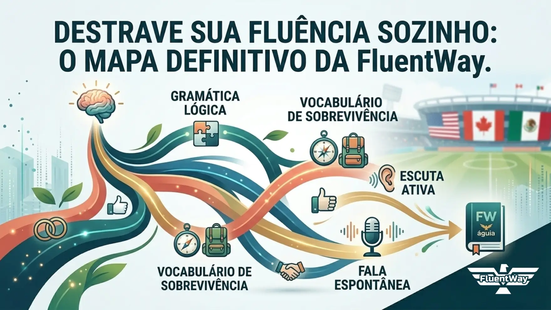 Um banner minimalista e profissional para um blog post da Fluent Way Idiomas. O design apresenta um 'Cognito Map' sofisticado onde fluxos de conhecimento em tons de teal, azul e coral se conectam a ícones conceituais de um cérebro, gramática, vocabulário, escuta e fala. Não há pessoas realistas. No topo, a frase gancho em português diz: "DESTRAVE SUA FLUÊNCIA SOZINHO: O MAPA DEFINITIVO DA FluentWay Idiomas." O logo da FluentWay com o ícone FW está no canto inferior. O fundo é um ambiente acadêmico limpo com um estádio desfocado.