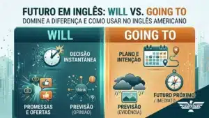 Um infográfico profissional dividido em duas cores para explicar o futuro em inglês. O lado esquerdo, em azul escuro (teal), foca no "WILL" com ícones de um relógio disparando para decisões instantâneas e alianças para promessas. O lado direito, em laranja suave, foca no "GOING TO" com ícones de um calendário com mapa para planos e nuvens de chuva para previsões baseadas em evidências. No topo, o texto diz: "FUTURO EM INGLÊS: WILL VS. GOING TO - DOMINE A DIFERENÇA E COMO USAR NO INGLÊS AMERICANO". O logo da FluentWay Idiomas aparece no canto inferior direito.