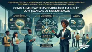 Uma ilustração digital sofisticada da Fluent Way Idiomas em tons de azul marinho, teal e dourado. À esquerda, um cérebro iluminado simboliza a memorização ativa e a confiança profissional. No centro, uma estrutura de engrenagens douradas e uma árvore de conhecimento representam técnicas como Mapas Mentais e Repetição Espaçada. À direita, uma instrutora da Fluent Way aponta para ícones de feedback e conversação. No topo, o texto em dourado diz: "ESQUEÇA AS LISTAS! O SEGREDO PARA UM VOCABULÁRIO FLUIDO ESTÁ NA SUA MENTE". O título central é: "COMO AUMENTAR SEU VOCABULÁRIO EM INGLÊS COM TÉCNICAS DE MEMORIZAÇÃO". O logo FW está no canto inferior.