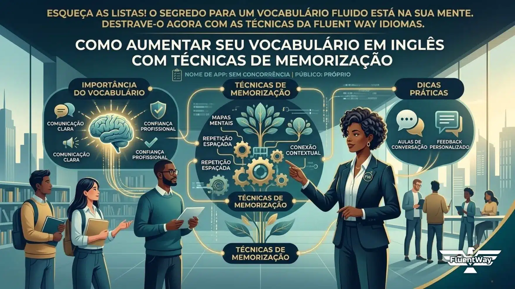 Uma ilustração digital sofisticada da Fluent Way Idiomas em tons de azul marinho, teal e dourado. À esquerda, um cérebro iluminado simboliza a memorização ativa e a confiança profissional. No centro, uma estrutura de engrenagens douradas e uma árvore de conhecimento representam técnicas como Mapas Mentais e Repetição Espaçada. À direita, uma instrutora da Fluent Way aponta para ícones de feedback e conversação. No topo, o texto em dourado diz: "ESQUEÇA AS LISTAS! O SEGREDO PARA UM VOCABULÁRIO FLUIDO ESTÁ NA SUA MENTE". O título central é: "COMO AUMENTAR SEU VOCABULÁRIO EM INGLÊS COM TÉCNICAS DE MEMORIZAÇÃO". O logo FW está no canto inferior.